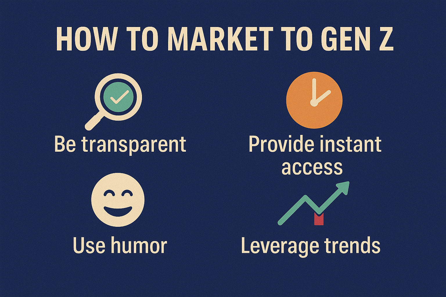 Educational graphic explaining how professional services can adapt their digital marketing to engage Gen Z by being transparent, accessible, humorous, and trend-aware