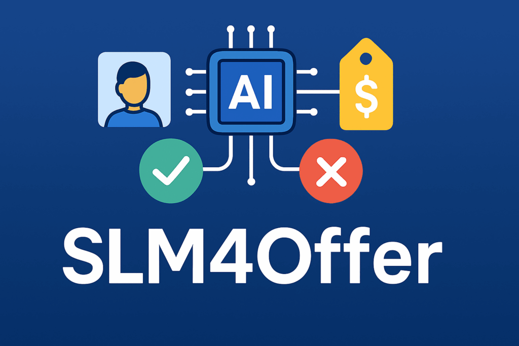 Hero banner showing 'SLM4Offer' in bold white text beneath an AI chip illustration connected to four icons: a customer profile, a price tag, a green checkmark, and a red cross, on a deep blue gradient background.