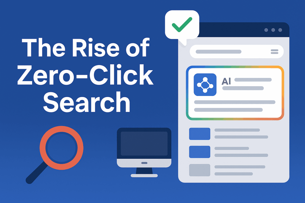 Illustration showing the phrase 'The Rise of Zero-Click Search' beside a mock Google search results page with an AI overview box, a magnifying glass, and a computer icon, all on a blue gradient background.